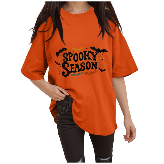 Hessimy women's Halloween Shirts Pumpkin T Shirt Short Sleeve Cute Graphic Tee Tops(Orange,L)