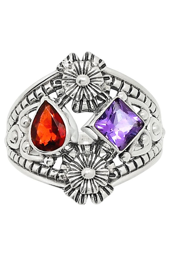 Hessonite Garnet & Amethyst 925 Sterling Silver Ring s.9.5 Jewelry R-1740 SDR248024
