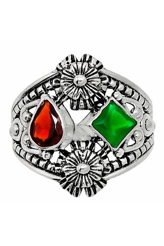 Hessonite Garnet & Green Onyx 925 Sterling Silver Ring s.7.5 Jewelry R-1740 SDR248050