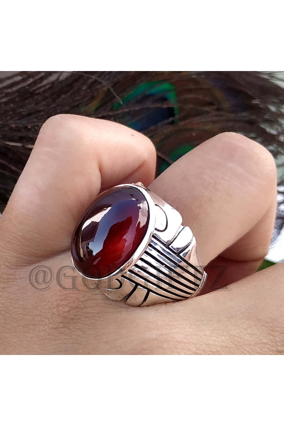 Hessonite Garnet Ring: Turkish Handmade 925 Sterling Silver Cabochon Men's Ring