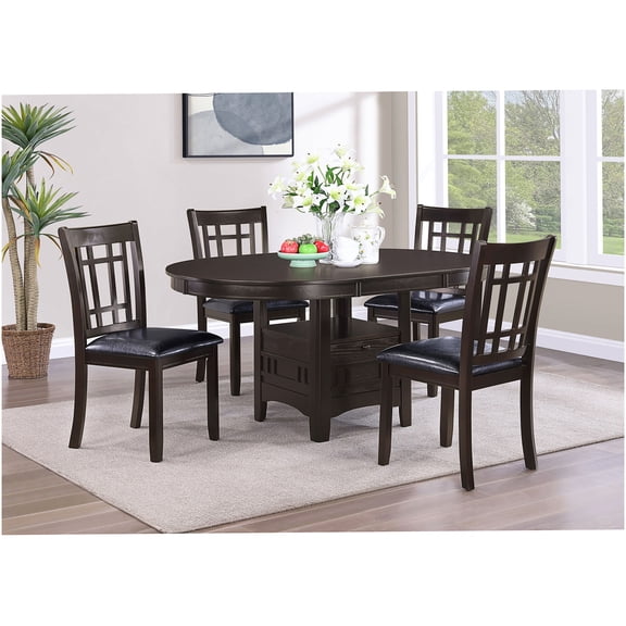 Hester 5-Piece Espresso Wood Dining Set with Extension Leaf and Storage, Black Upholstered Chairs