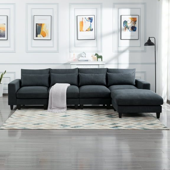 HestiNysus 124.4” Modular L-Shaped Sectional Sofa with Ottoman,Dark Gray