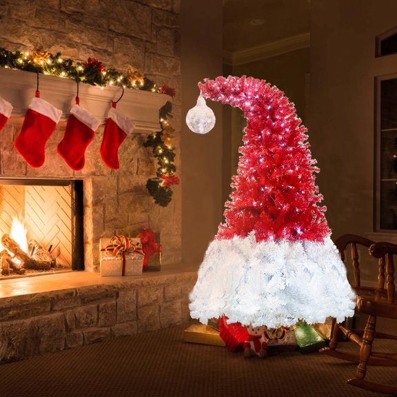 HestiNysus 6FT Tall, Bendable Santa-style Christmas Tree, 1250 Lush Tips, 300 LED Lights, Spruce PVC/PE Christmas Tree, Red