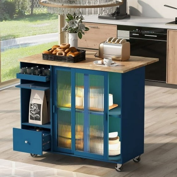 HestiNysus Folding Kitchen Island with LED Lights Kitchen Cart with Wheels,Navy Blue