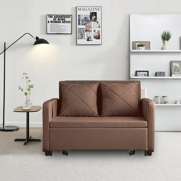 HestiNysus Modern Linen Loveseat with Pull-Out Sofa Bed, Brown