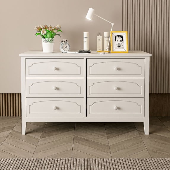 HestiNysus White Contemporary Roman Style Collection, Solid Wood 6 Drawer Chest, Large Dresser Chest, Painted Finish.