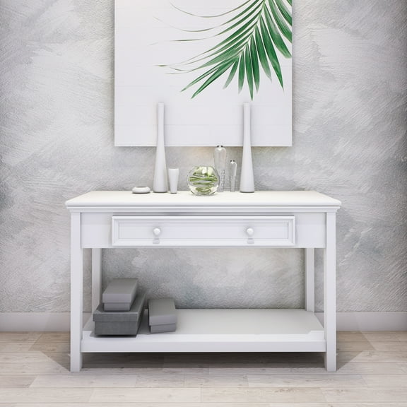 HestiNysus White Contemporary Rustic Inspired Solid Wood Construction, Console with Drawers and Shelves, Painted Finish.