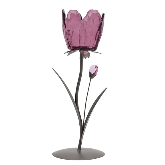 Hestia Single Stem Candle Holder With Plum Glass On Taupe Base