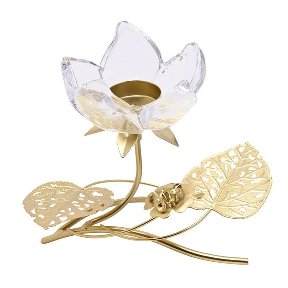 Hestia Single Stem Clear Glass Candle Holder With Gold Leaves