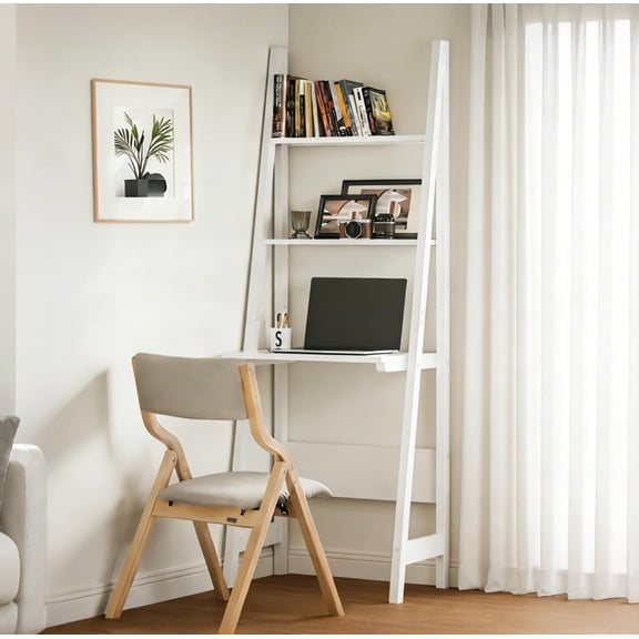 Hestiamo Ladder Desk with Shelves - Compact Slim White Desk with Storage for Small Spaces, Modern Home Office Workstation Desk, Freestanding Narrow Writing Desk with Open Shelves, White FRG60