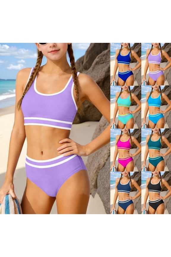 2 Piece Bikini Swimsuit for Girls Summer Swim Athletic Bathing Suit Teen Color Color Trendy Workout Swimwear Set Navy 150