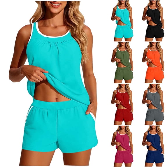 Hesxuno Blouson Women's Tankini Swimsuits Modest Bathing Suits Two Piece with Sporty Pockets Red L