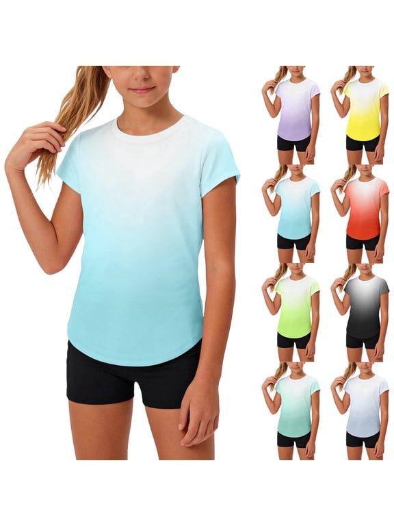 Boys Girls Athletic T Shirts Gradient Short Sleeve T-Shirts Dry Fit Curved Hem Sports Tops Kids School Active Play Breathable Tees Mint Green 10 Years