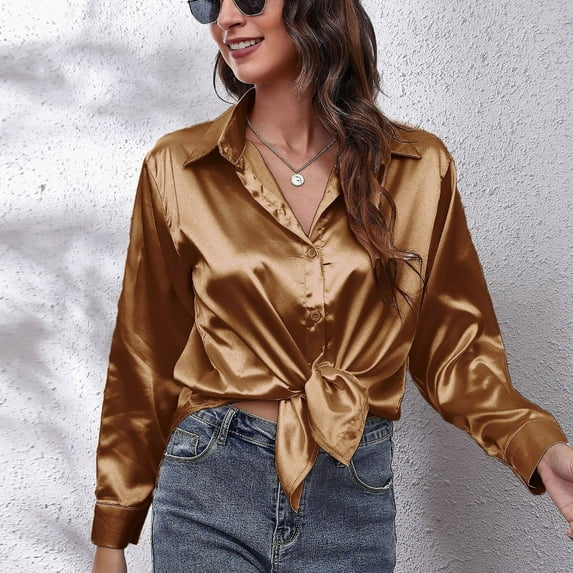 Hesxuno Button Down Shirts For Women Trendy Soft Satin Silk Solid Shirt Loose Comfy Turndown Collar Long Sleeve Blouses Ladies Casual Tops