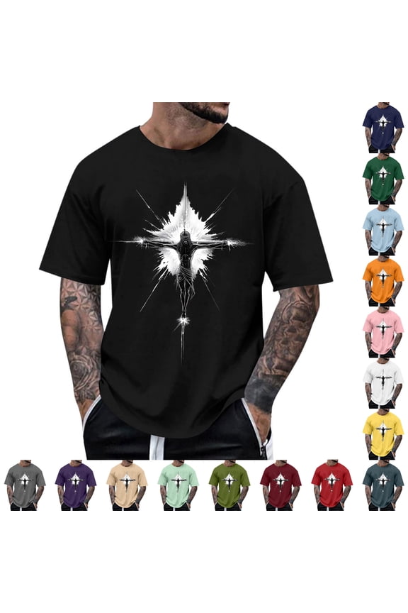 Christian T Shirts for Men Cross Graphic Tees Easter Short Sleeve Tees Religious Jesus Faith T-shirt Big and Tall Trendy Summer Tops Black XL
