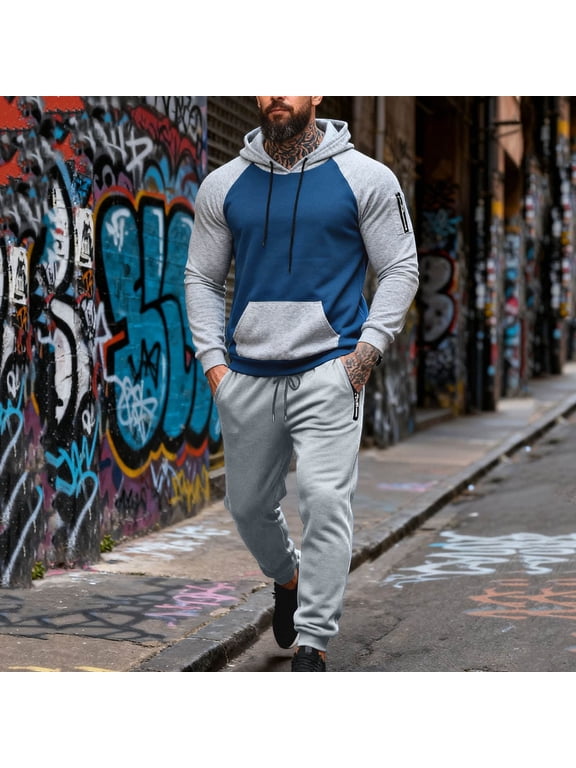 Color Block Tracksuits for Men Kangaroo Pocket Hoodie and Jogging Sweatpants 2 Piece Set Athletic Casual Sweatsuit Fall Winter Activewear Sets XXL