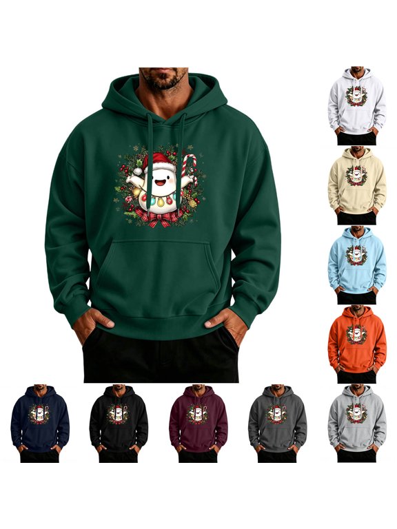 Cristmas Gifts for Men Kangaroo Pocket Hooded Sweatshirt Novelty Xmas Graphic Hoodie Loose Casual Holiday Sweatshirts S