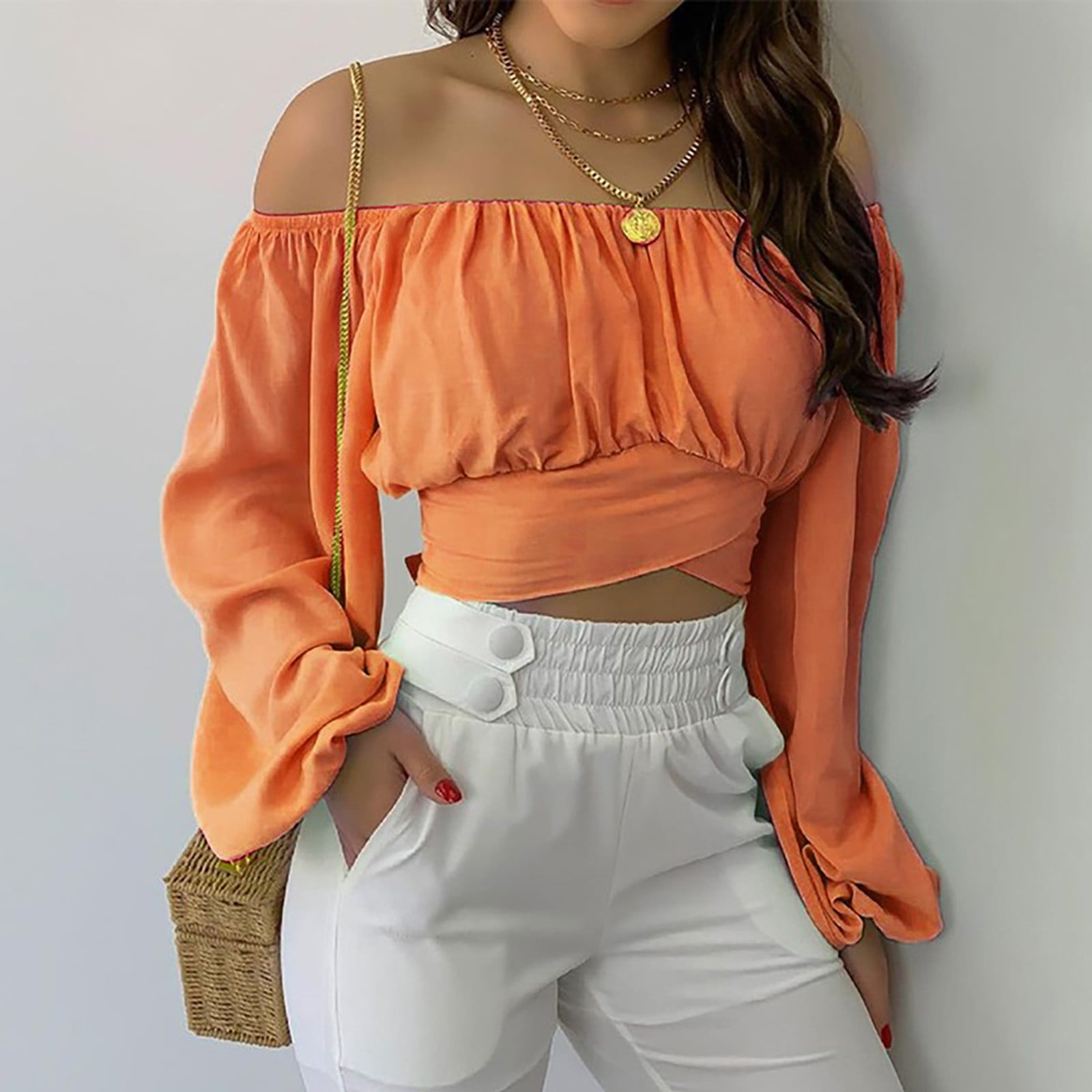 Hesxuno Crop Tops For Women Summer Trendy Elegant Off Shoulder Ruched Tops  Cute Strapless Lantern Sleeve Short Blouses Teen Girls Casual Tops