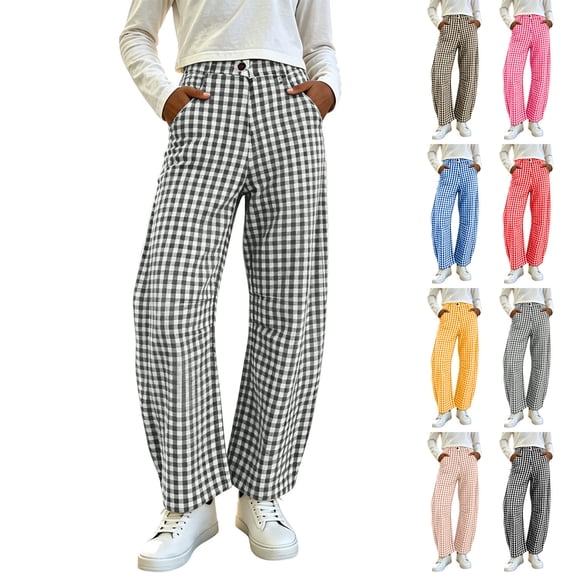 Hesxuno Women Gingham Plaid Pants Barrel Casual Wide Leg Pants Elastic Button Waist Lounge Bottoms Loose Fit Comfortable Pajama Pants Blue XL