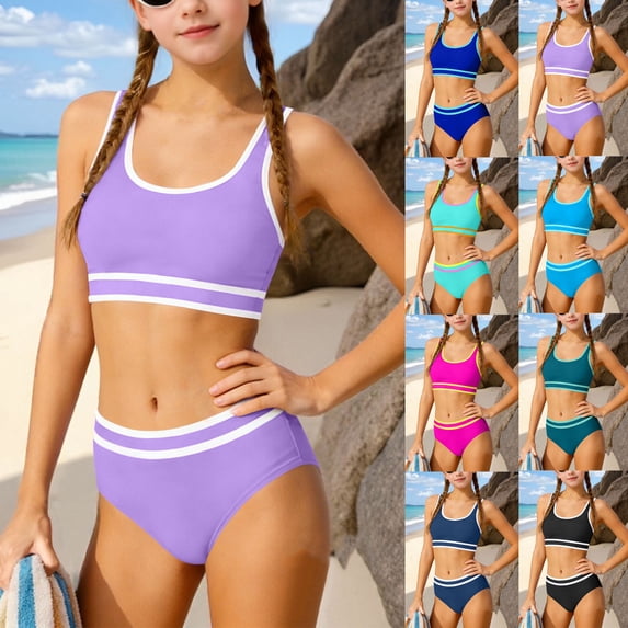 Hesxuno Girls Swimsuit Color Block 2 Piece Bikini Set Strap High Waist Tummy Control Sporty Bathing Suits Hot Pink 120