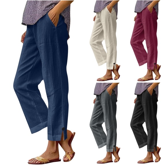 Hesxuno Linen Pants for Women Straight Leg Elastic Waist Summer Pants Breathable Beach Comfy Pants with Pockets Light Blue XXXL