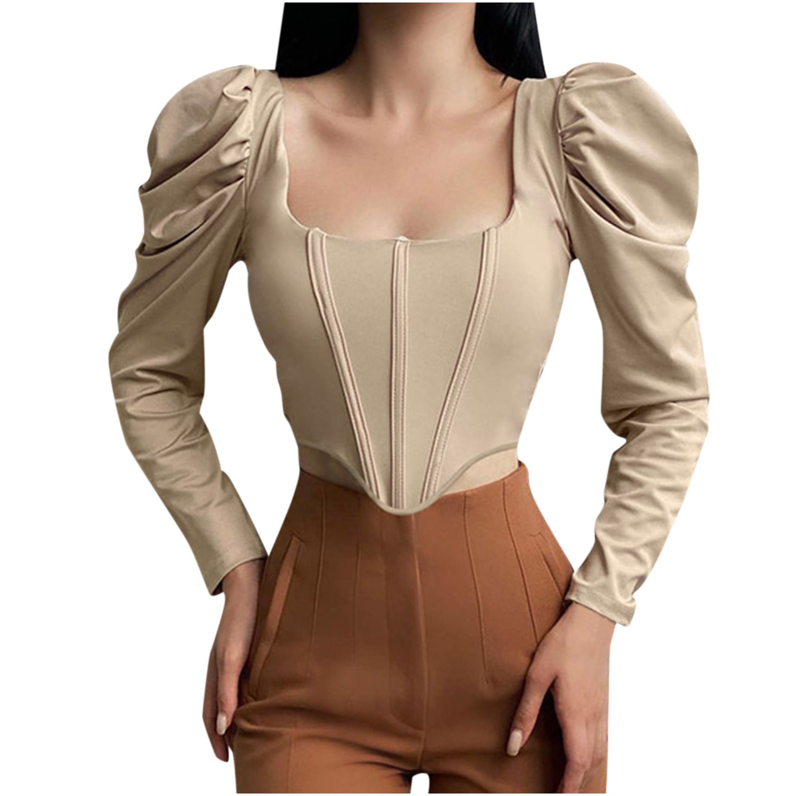 Hesxuno Long Sleeve Corset Top Woman Solid Color Square Collar Sexy Puff  Sleeve Corset Short Top 