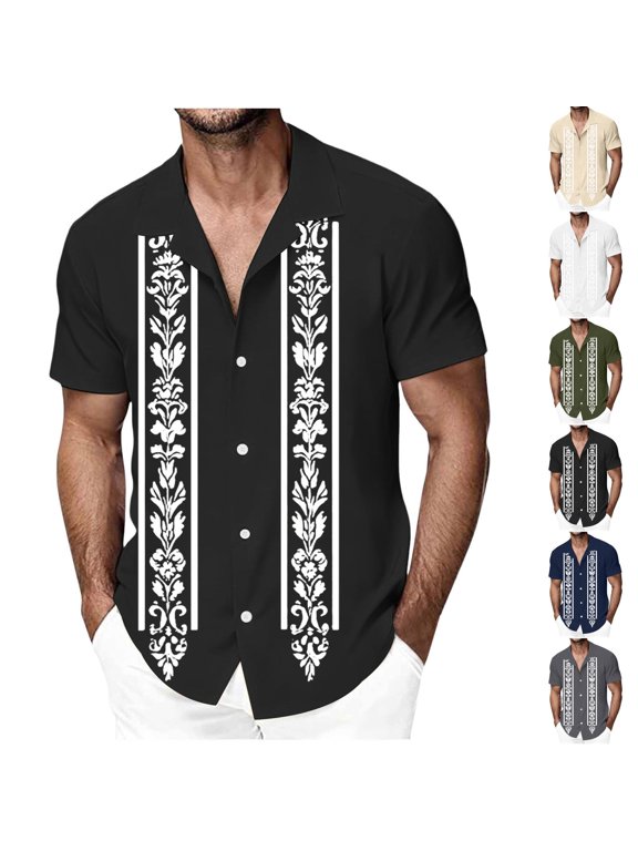 Men Button Down Summer Shirts Cuban Guayabera Shirt Loose Fit Camp Collar Tops Floral Printed Short Sleeve Shirts Party Wedding Beach Shirts White XXL