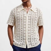 Hesxuno Men Hawaiian Shirts Crochet Knit Short Sleeve Shirt Color Block Casual Button Down Shirts Summer Vacation Beach Party Shirts Beige L