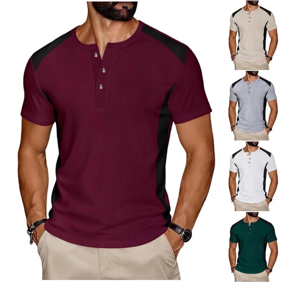 Hesxuno Men Henley T-Shirts Waffle Knit 3 Button Tops Color Block Short Sleeve Tees Lightweight Collarless Casual Workout Shirts White L