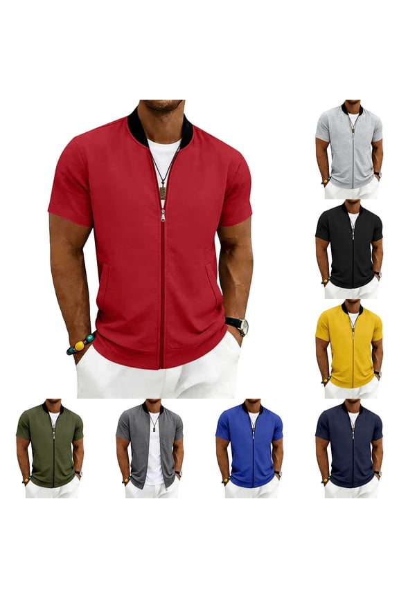 Men Zip Up Bomber Jacket Short Sleeve Athletic Jacket Loose Lightweight Track Jacket Casual Workout Outdoor Coats Navy S