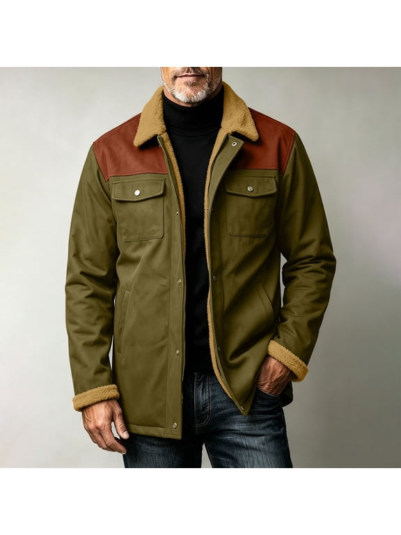 Men's Fleece Lined Trucker Jacket Heavyweight Warm Winter Coats Turndown Collar Sherpa Overcoat with Flap Pockets S