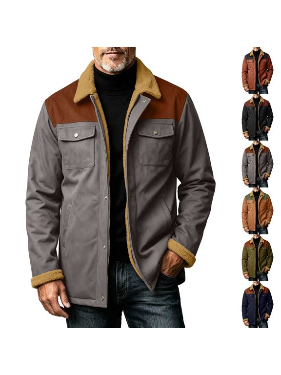Men's Fleece Lined Trucker Jacket Heavyweight Warm Winter Coats Turndown Collar Sherpa Overcoat with Flap Pockets S