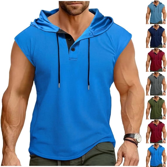 Hesxuno Mens Hooded Tank Top Drawstring Button Collar Hoodie Shirts Mesh Athletic Running Tops Basic Solid Sleeveless Tee Shirt Light Blue L