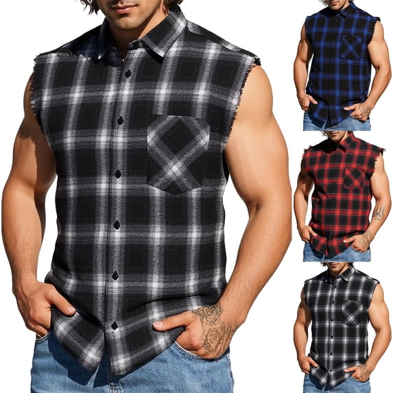 Hesxuno Mens Sleeveless Button Down Shirt Plaid Western Shirts Loose Fit Collar Tank Tops Streetwear Cowboy Shirts Stretchy Lightweight Summer Shirts Dark Gray L
