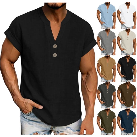 Hesxuno Mens Solid Henley Shirts Button Up V Neck Short Sleeve Shirts Casual Loose Blouse Tees Summer Beach Vacation Shirt Yellow L