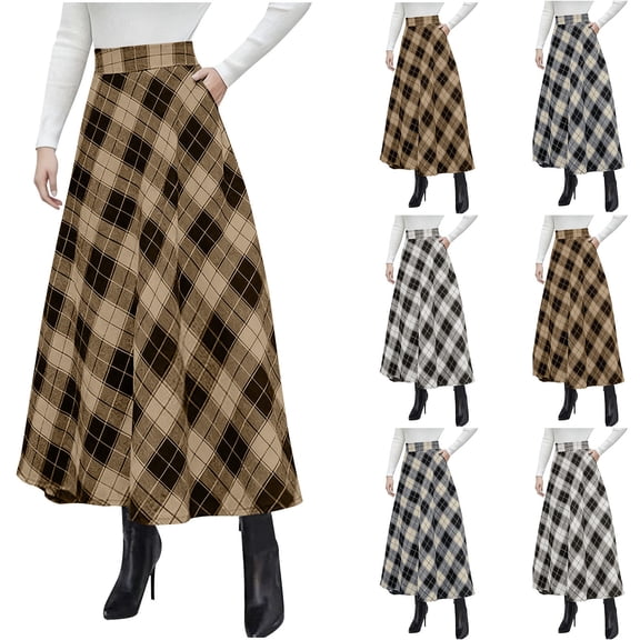 Hesxuno Plaid Maxi Skirt for Women A-line Flared Skirts Nylon Casual Skirts with Pockets High Smocked Waist Loose Fit Skirts Vintage Preppy Skirt Black XL