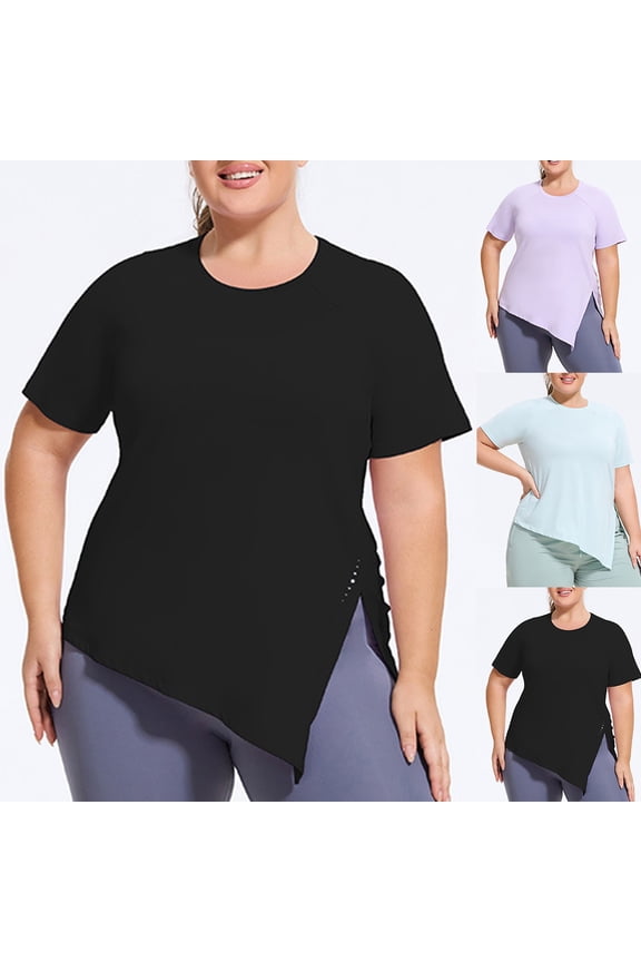 Plus Size Tunic Shirts for Women Crew Neck Side Split Short Sleeve Tops Asymmetrical Hem Hide Belly Blouse Black XL