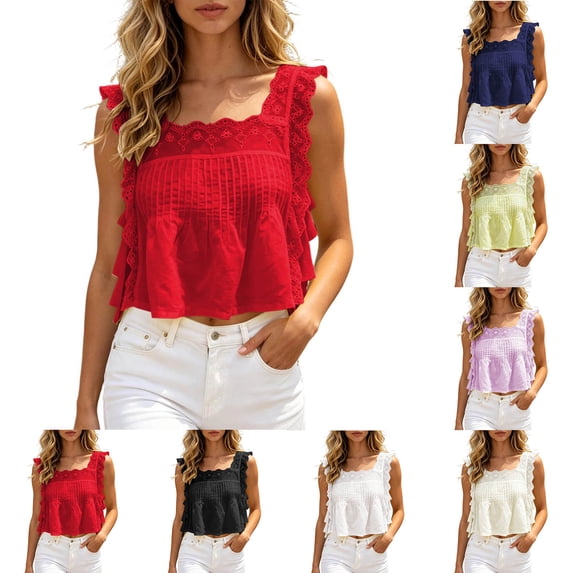 Hesxuno Ruffle Tank Tops for Women Eyelet Summer Sleeveless Tees Chiffon Cropped Sleeveless Tops Square Neck Lace Fashion Tanks Red M