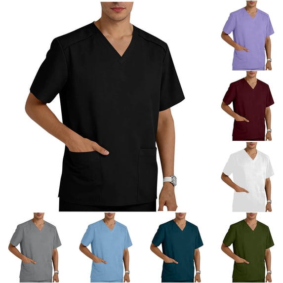 Hesxuno Scrub Tops for Men Stretch V Neck Short Sleeve Scrubs Nurse Working Uniform Basic Solid Tee Tops with Pockets Black M