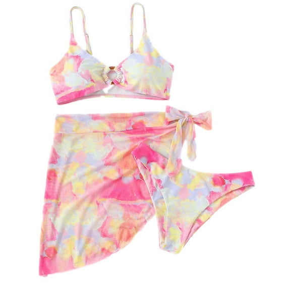 Hesxuno Swimsuit Women Bikini 3 Piece Set Women Tie-Dye Halter Bikini Sarongs Cover Up Swimwear Swimsuit Beach