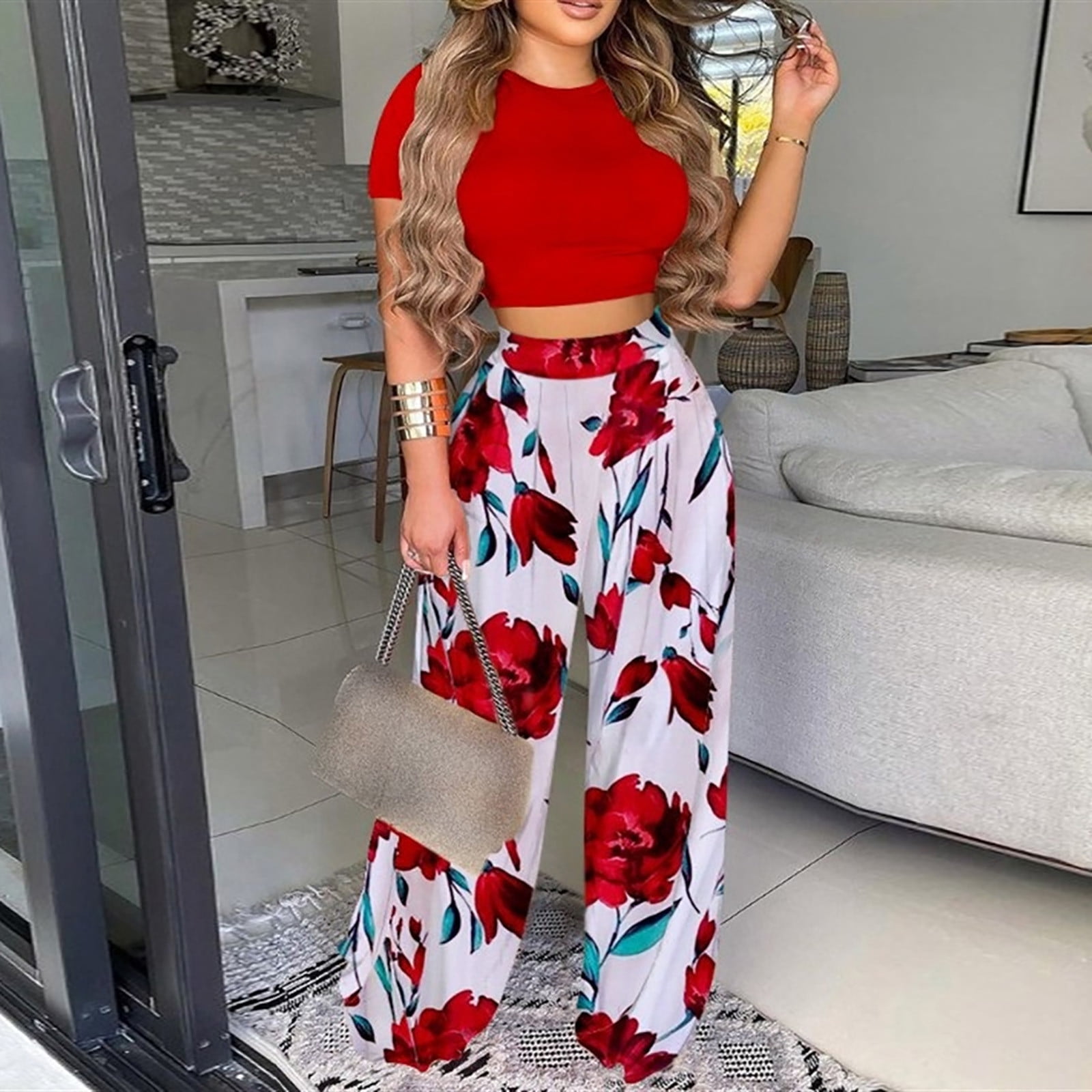 Hesxuno Two Piece Outfits For Women Summer Trendy Slim Fit Short Sleeve  Crop Top Loose Fit Pant Solid Color Sets Ladies Lounge Sets