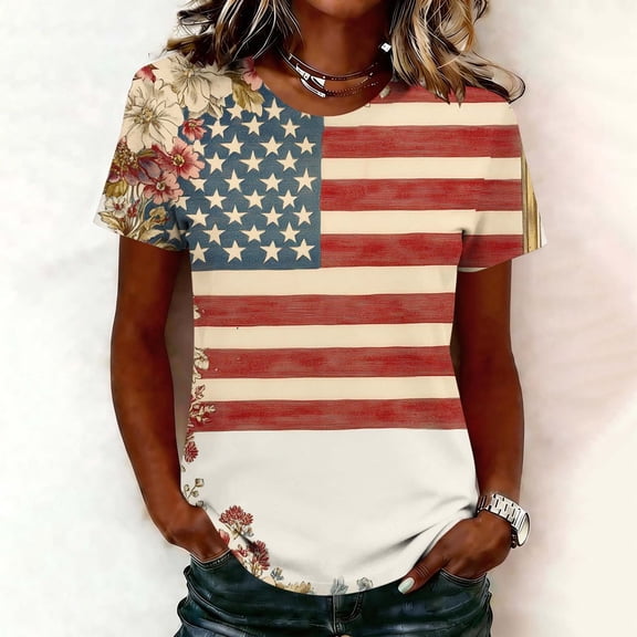 Hesxuno USA Patriotic T Shirts for Women American Pride V Neck Tees Henley Short Sleeve Patriotic Tops American Bald Eagle Flag T Shirt Multicolor S
