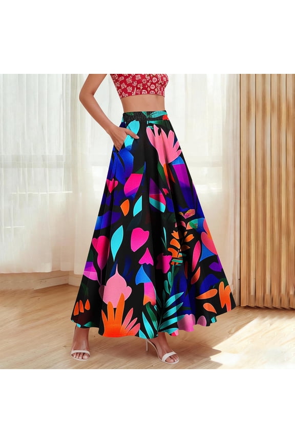 Women A-line Maxi Skirt Smocked High Elastic Waist Skirts Casual Loose Fit Floral Print Long Skirts Vacation Bold Summer Skirt Dark Blue L