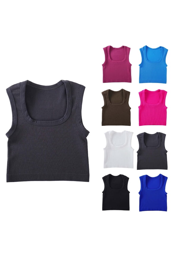 Women Basic Solid Undershirts Summer Square Neck Crop Tank Top Knitting Cotton Sleeveless Tees Comfortable Daily Wear Tanks White M