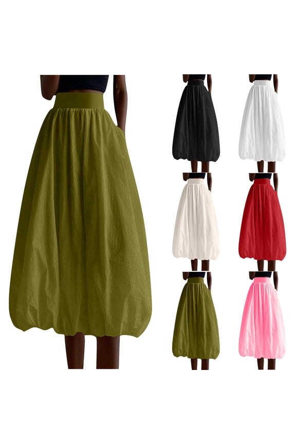 Women Casual Bubble Skirts Nylon Loose Fit Long Skirts Solid Smocked Elastic Waist Skirts 2026 Summer Beach Holiday Flowy Skirts Pink M