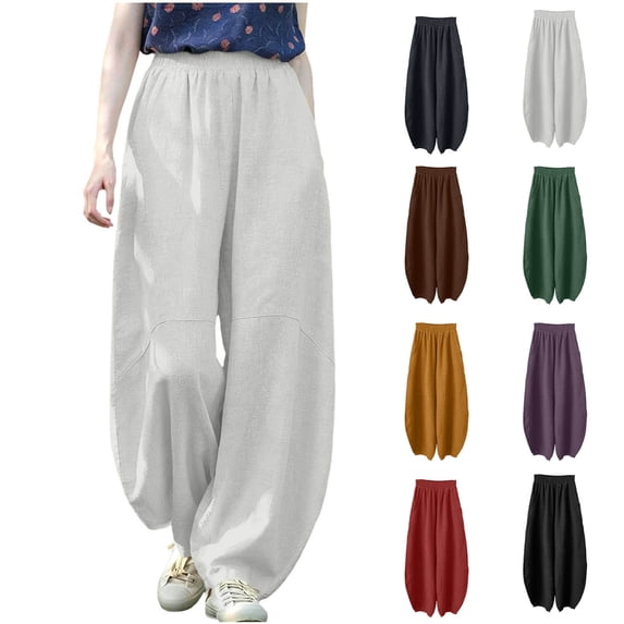 Hesxuno Women Casual Summer Pants Wide Leg Balloon Pant Cotton Linen Elastic High Waisted Bottoms Baggy Harem Trousers with Pockets Coffee XXL