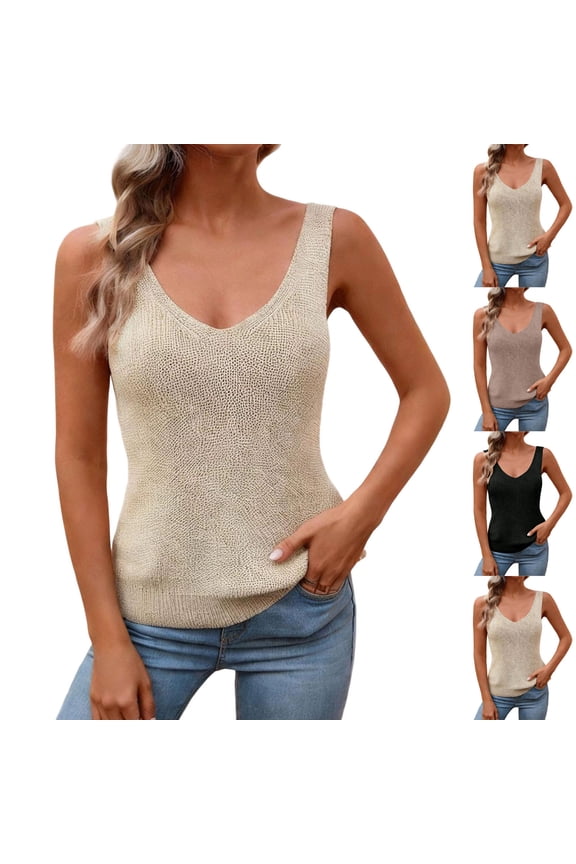 Women Casual Tank Tops Deep V Neck Sleeveless Shirts Slim Fit Textured Cami Tops Summer Comfy Daily Wear Undershirts Khaki S
