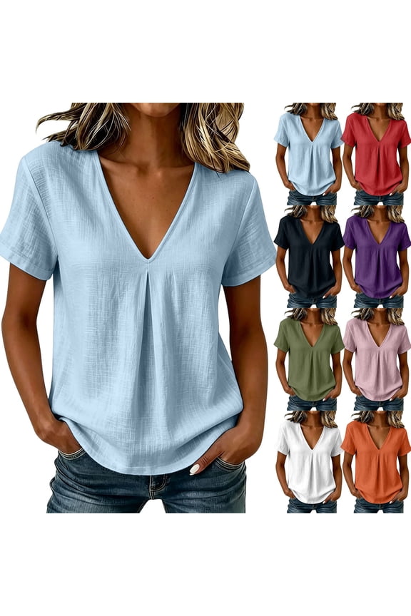 Women Cotton Short Sleeve Tops V-Neck Pleated T Shirts Loose Fit Summer Solid Color Tee Shirts Casual Comfy Daily Wear Blouses Black S