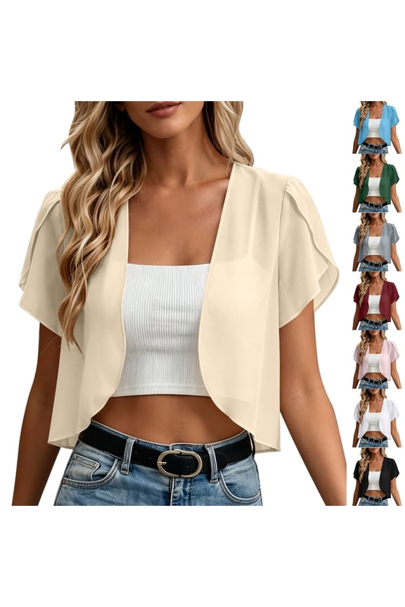 Women Cropped Shrugs Flutter Short Sleeve Cardigans Solid Open Front Cover Up Casual Daily Wear Outdoor Cardigans for Dress White M