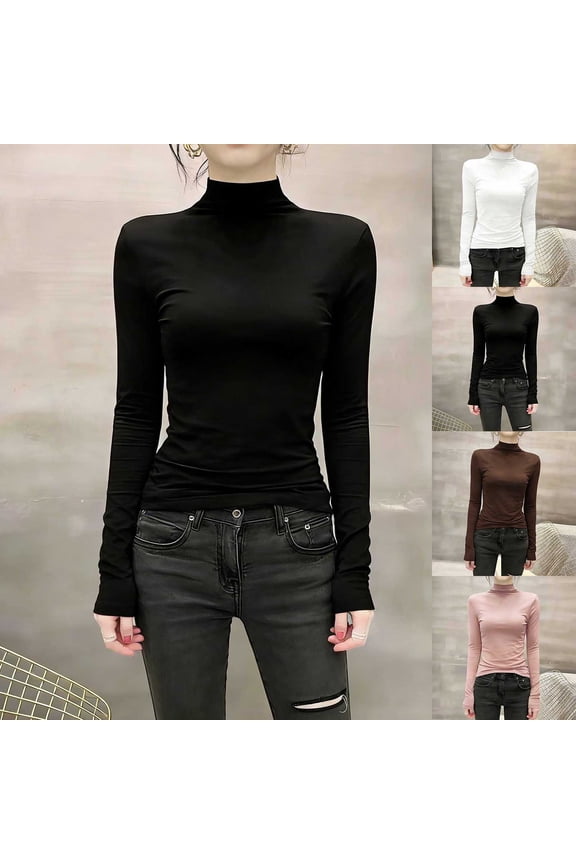 Women Fall Long Sleeve Tops Mock Neck Solid T Shirts Slim Fit Base Layer Tops Soft Lightweight Stretch Undershirt Black L